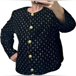 Vintage O&U (Over & Under) Black Velvet Jacket, gold buttons Size 16W looks new
